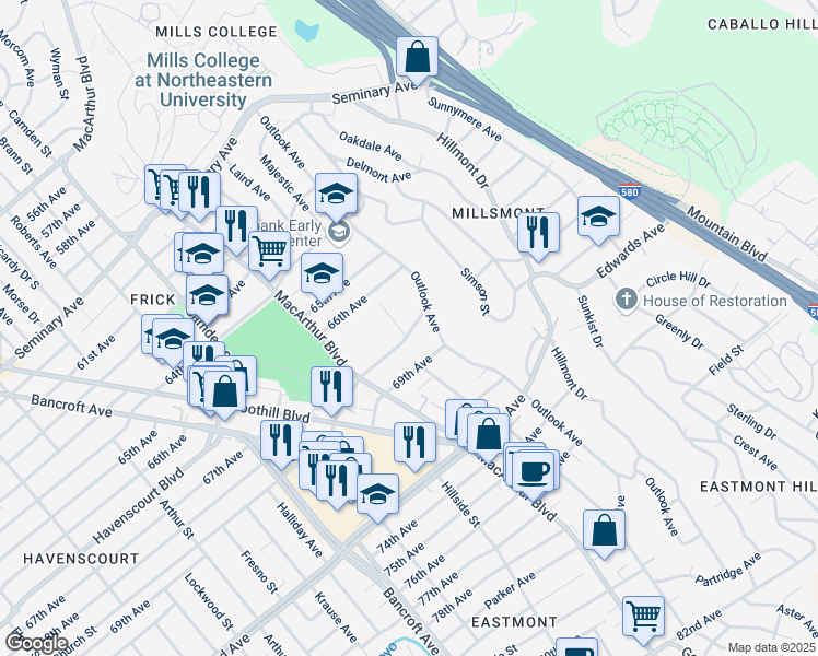 map of restaurants, bars, coffee shops, grocery stores, and more near 6712 Laird Avenue in Oakland