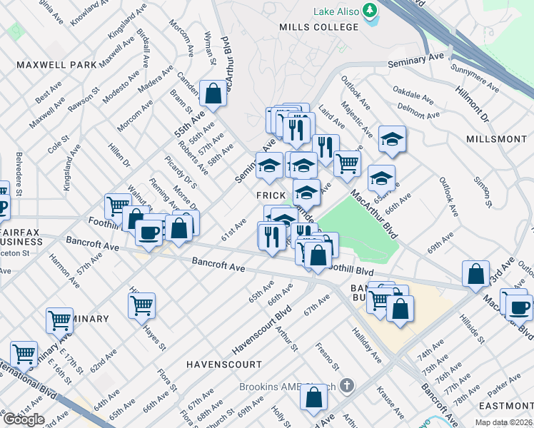 map of restaurants, bars, coffee shops, grocery stores, and more near 2936 61st Avenue in Oakland