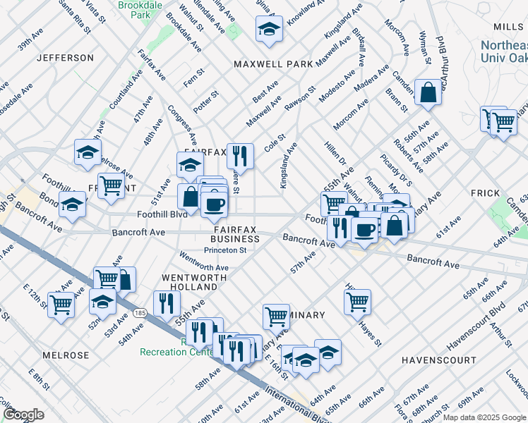 map of restaurants, bars, coffee shops, grocery stores, and more near 5432 Foothill Boulevard in Oakland