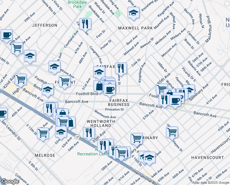 map of restaurants, bars, coffee shops, grocery stores, and more near 5224 Fairfax Avenue in Oakland