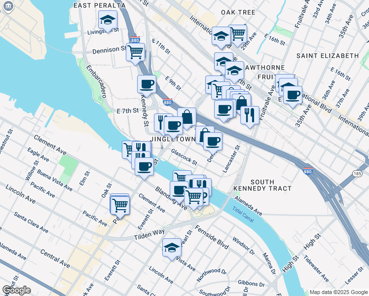 map of restaurants, bars, coffee shops, grocery stores, and more near 2896 Ford Street in Oakland