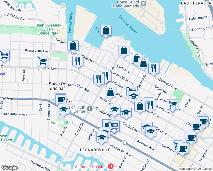 map of restaurants, bars, coffee shops, grocery stores, and more near 1615 Minturn Street in Alameda