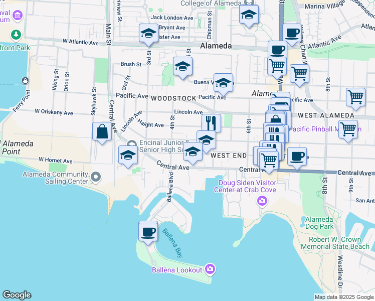 map of restaurants, bars, coffee shops, grocery stores, and more near 429 Taylor Avenue in Alameda