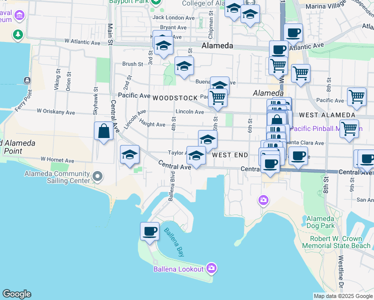 map of restaurants, bars, coffee shops, grocery stores, and more near 429 Taylor Avenue in Alameda