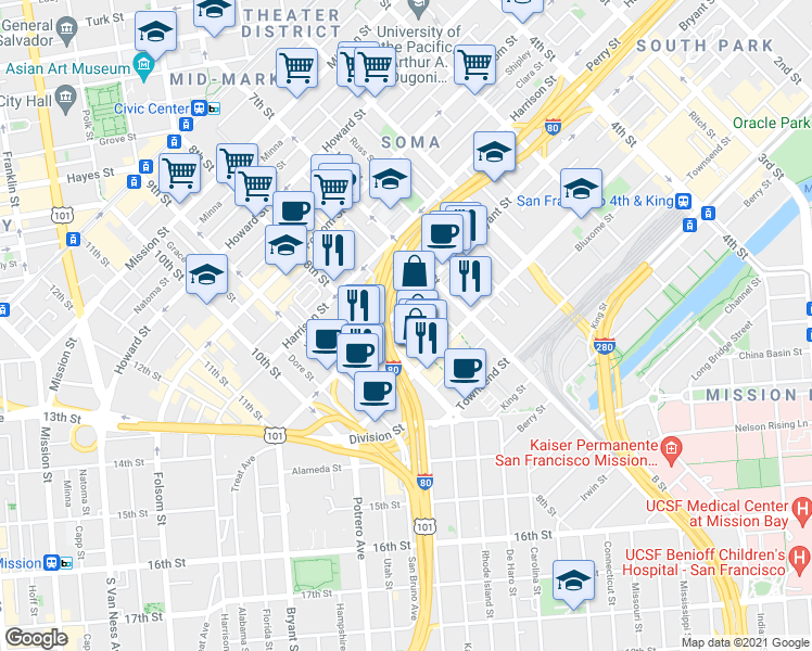 map of restaurants, bars, coffee shops, grocery stores, and more near 12 Kate Street in San Francisco