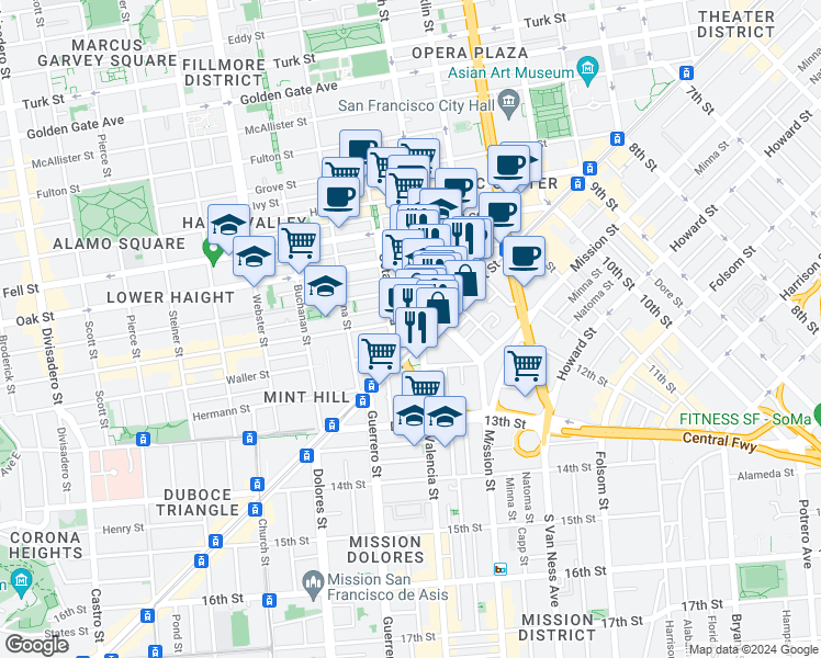map of restaurants, bars, coffee shops, grocery stores, and more near in San Francisco
