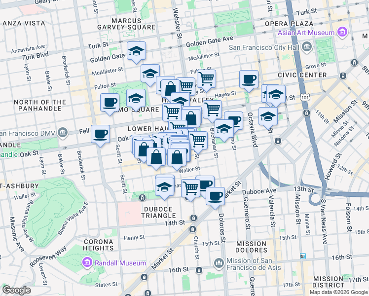 map of restaurants, bars, coffee shops, grocery stores, and more near 565 Page Street in San Francisco