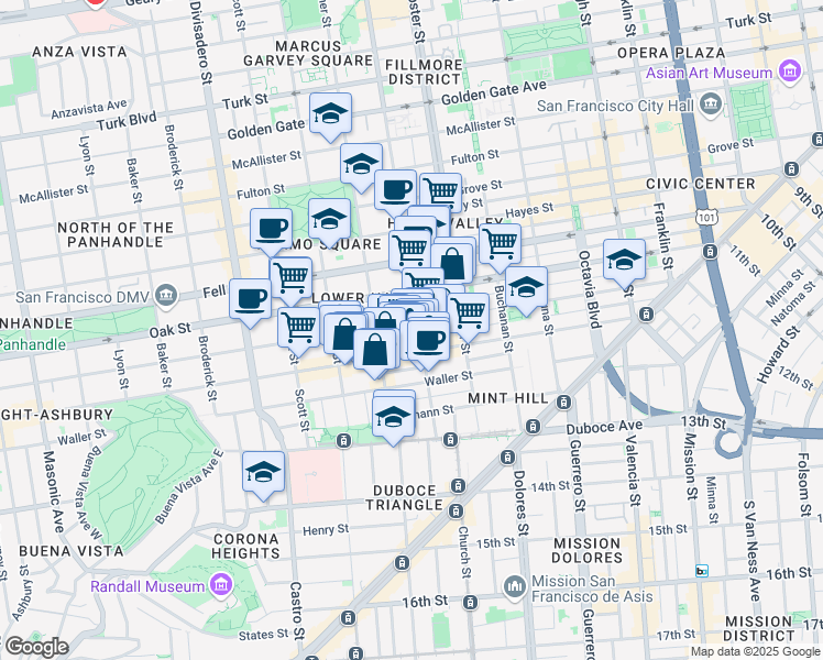 map of restaurants, bars, coffee shops, grocery stores, and more near 659 Page Street in San Francisco