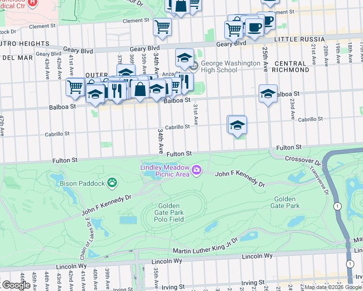 map of restaurants, bars, coffee shops, grocery stores, and more near 858 32nd Avenue in San Francisco
