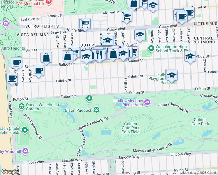map of restaurants, bars, coffee shops, grocery stores, and more near 846 36th Avenue in San Francisco