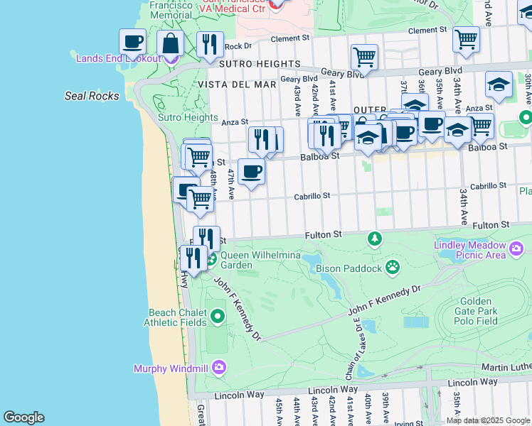 map of restaurants, bars, coffee shops, grocery stores, and more near 818 46th Avenue in San Francisco