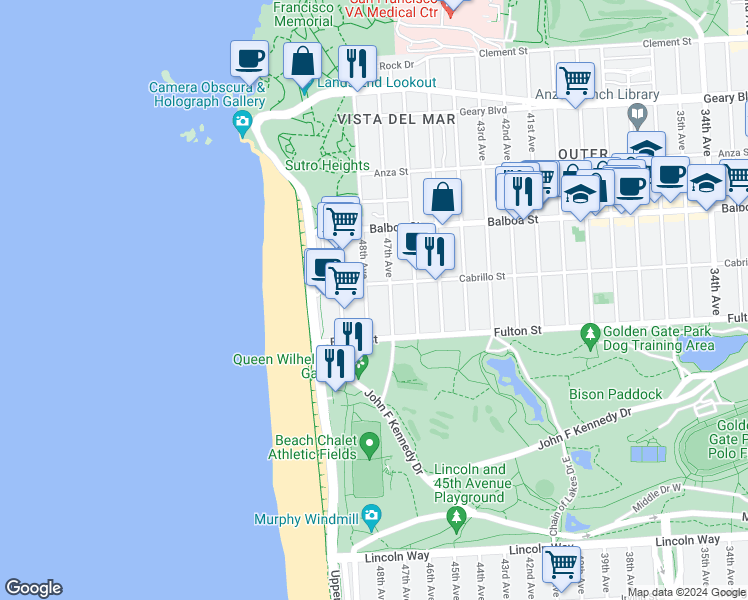 map of restaurants, bars, coffee shops, grocery stores, and more near 813 47th Avenue in San Francisco