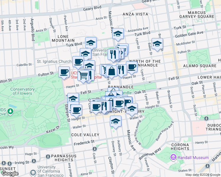 map of restaurants, bars, coffee shops, grocery stores, and more near Fell St & Ashbury St in San Francisco