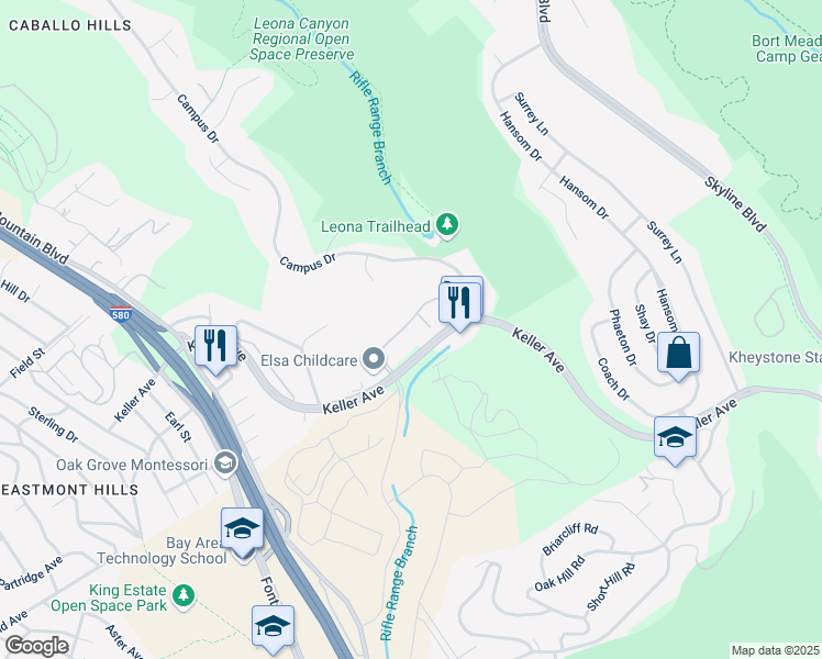 map of restaurants, bars, coffee shops, grocery stores, and more near 550 Canyon Oaks Drive in Oakland