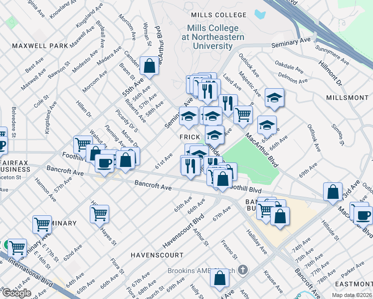 map of restaurants, bars, coffee shops, grocery stores, and more near 2936 61st Avenue in Oakland