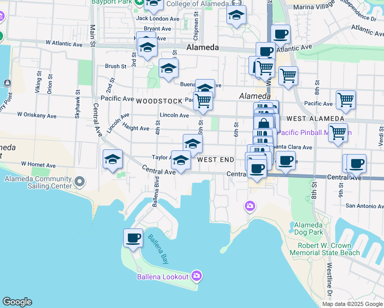map of restaurants, bars, coffee shops, grocery stores, and more near 465 Taylor Avenue in Alameda