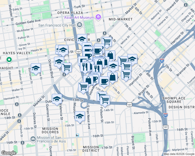 map of restaurants, bars, coffee shops, grocery stores, and more near 1029 Natoma Street in San Francisco