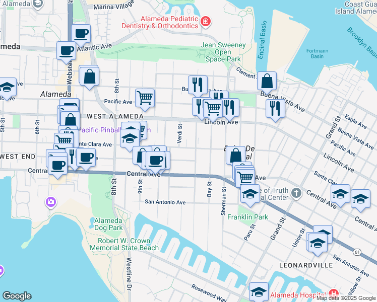 map of restaurants, bars, coffee shops, grocery stores, and more near 1032 Santa Clara Avenue in Alameda