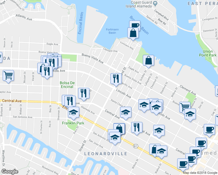 map of restaurants, bars, coffee shops, grocery stores, and more near 1634 Lincoln Avenue in Alameda