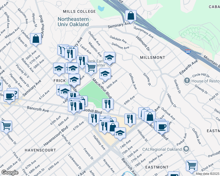 map of restaurants, bars, coffee shops, grocery stores, and more near 3328 66th Avenue in Oakland