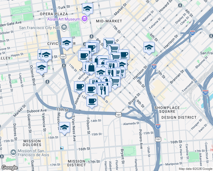 map of restaurants, bars, coffee shops, grocery stores, and more near Folsom St & 10th St in San Francisco