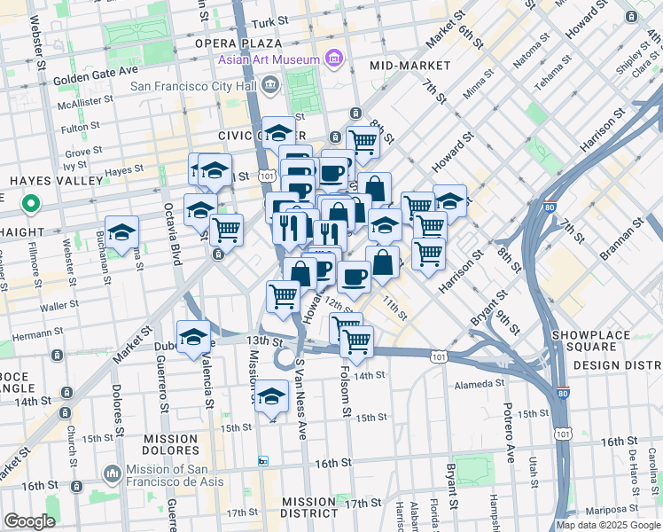 map of restaurants, bars, coffee shops, grocery stores, and more near 1029 Natoma Street in San Francisco