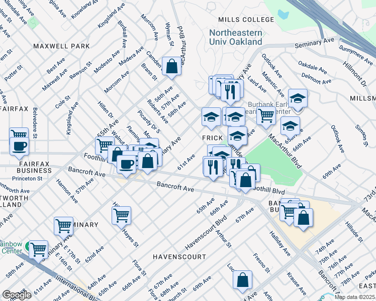 map of restaurants, bars, coffee shops, grocery stores, and more near 2852 60th Avenue in Oakland
