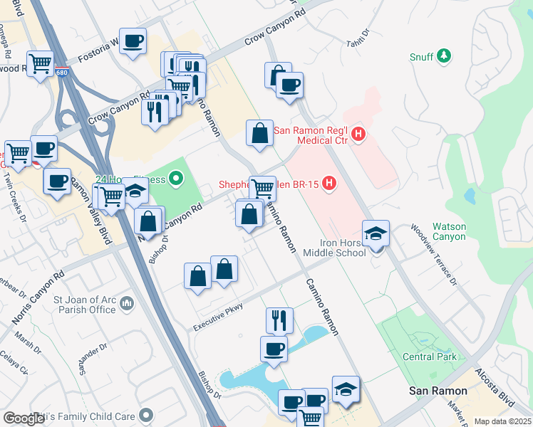 map of restaurants, bars, coffee shops, grocery stores, and more near 5708 Melon Court in San Ramon