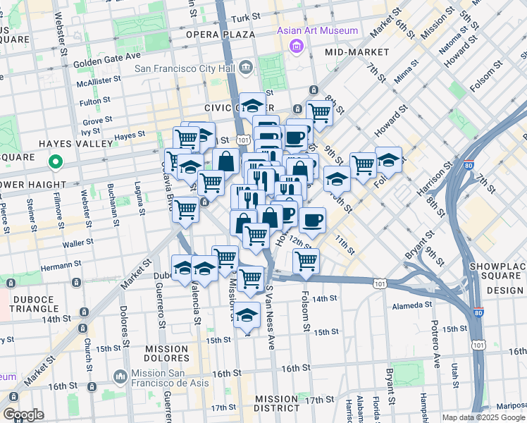 map of restaurants, bars, coffee shops, grocery stores, and more near 77 South Van Ness Avenue in San Francisco
