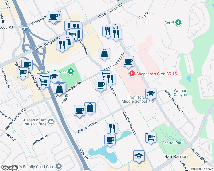 map of restaurants, bars, coffee shops, grocery stores, and more near 5708 Melon Court in San Ramon