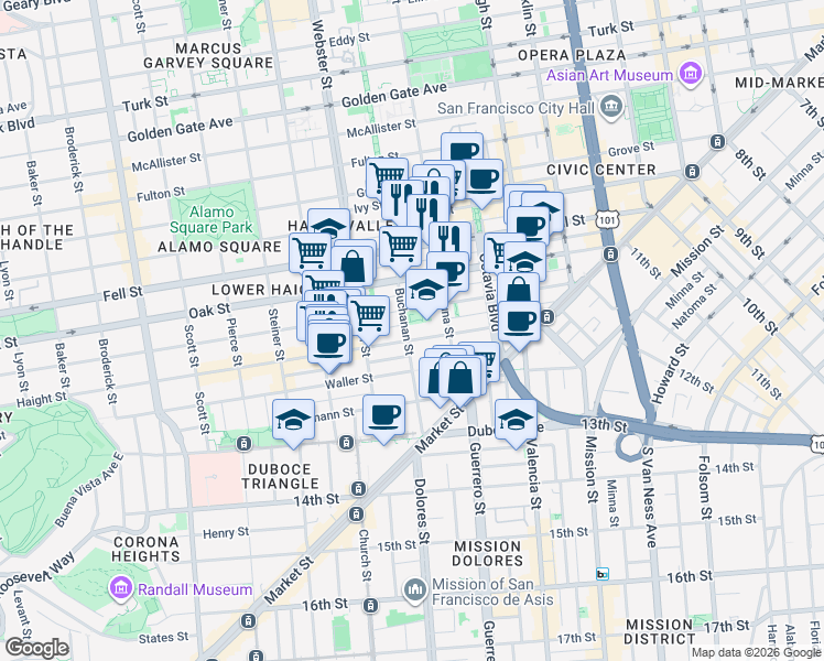 map of restaurants, bars, coffee shops, grocery stores, and more near 300 Buchanan Street in San Francisco