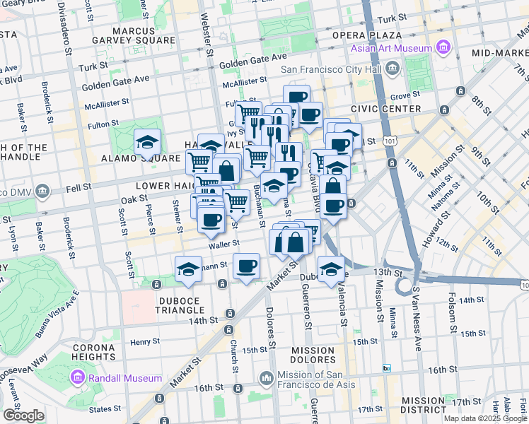 map of restaurants, bars, coffee shops, grocery stores, and more near 300 Buchanan Street in San Francisco