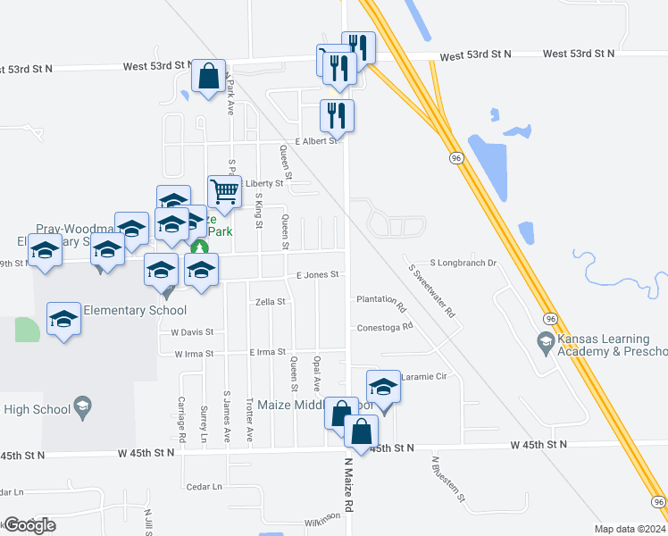 map of restaurants, bars, coffee shops, grocery stores, and more near 420 East Jones Street in Maize