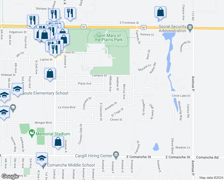 map of restaurants, bars, coffee shops, grocery stores, and more near 2210 Hillside Avenue in Dodge City