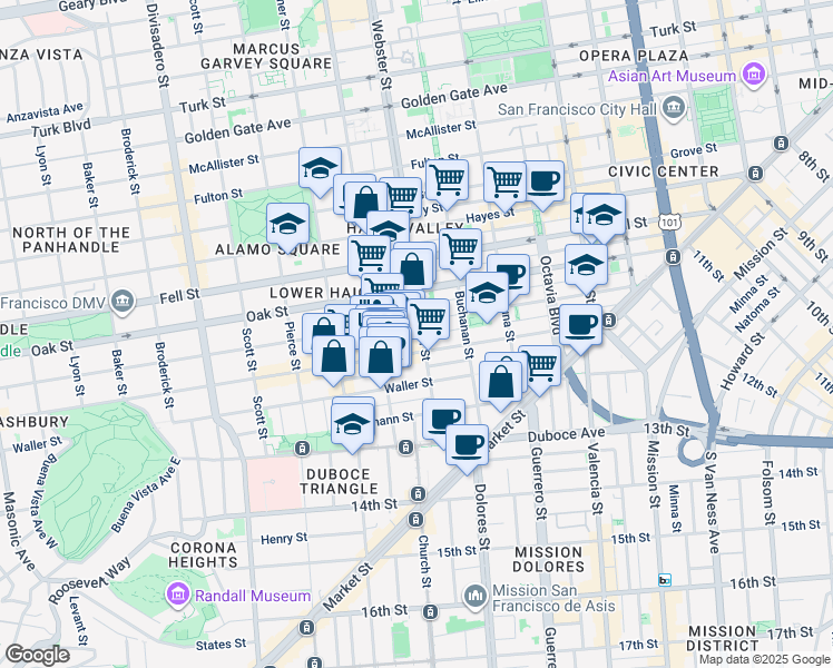 map of restaurants, bars, coffee shops, grocery stores, and more near 237 Webster Street in San Francisco