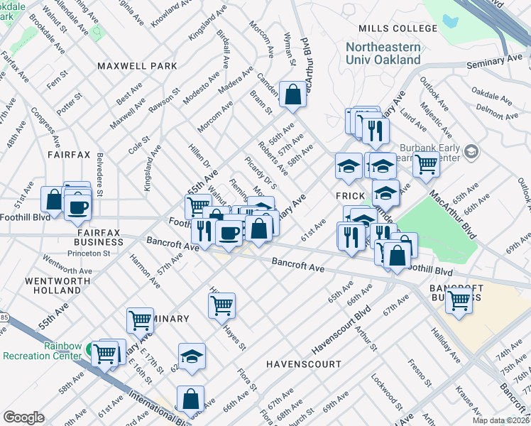 map of restaurants, bars, coffee shops, grocery stores, and more near 5826 Fleming Avenue in Oakland