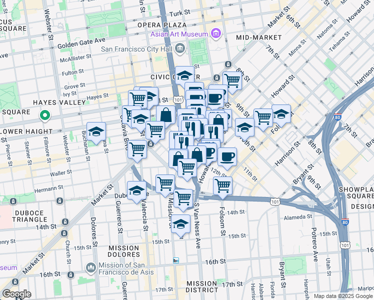 map of restaurants, bars, coffee shops, grocery stores, and more near South Van Ness Avenue & Mission Street in San Francisco
