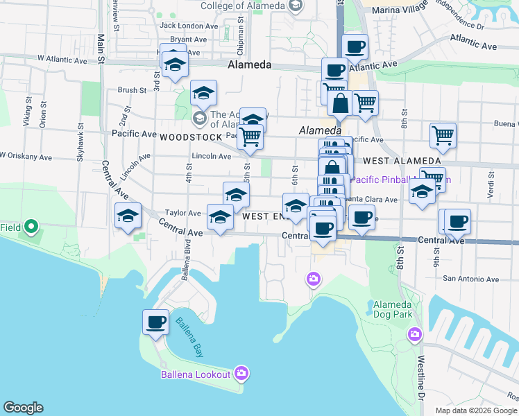 map of restaurants, bars, coffee shops, grocery stores, and more near 517 Taylor Avenue in Alameda