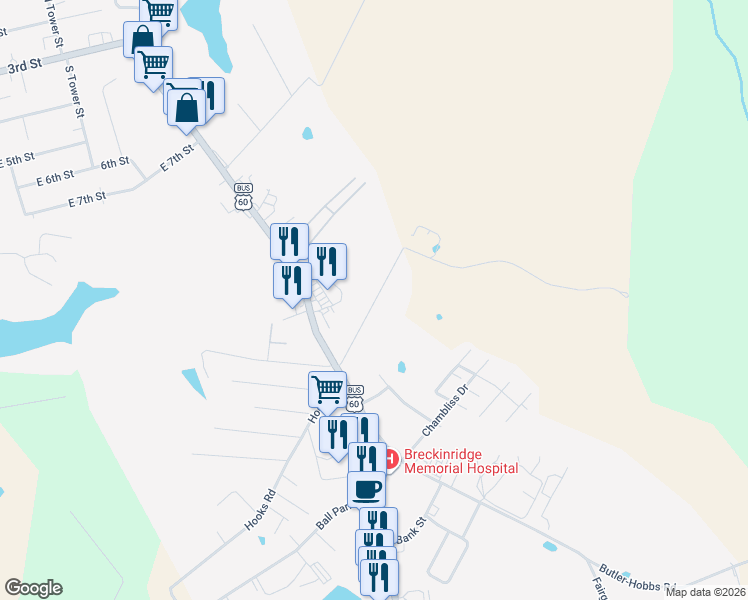 map of restaurants, bars, coffee shops, grocery stores, and more near 525 Old Highway 60 in Hardinsburg