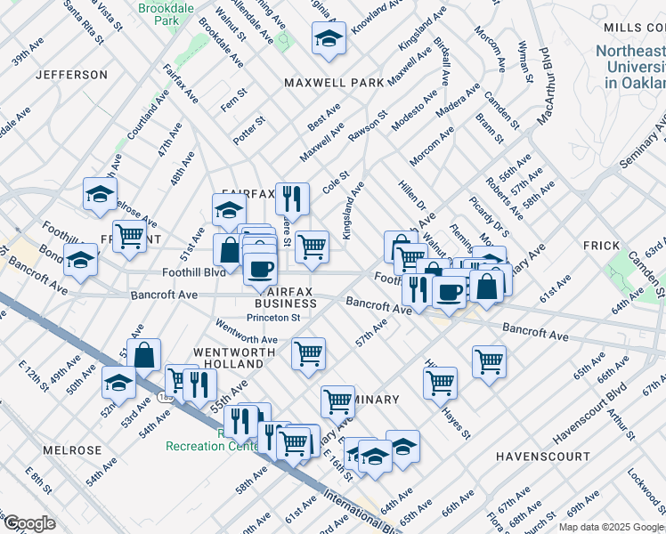 map of restaurants, bars, coffee shops, grocery stores, and more near 5432 Foothill Boulevard in Oakland