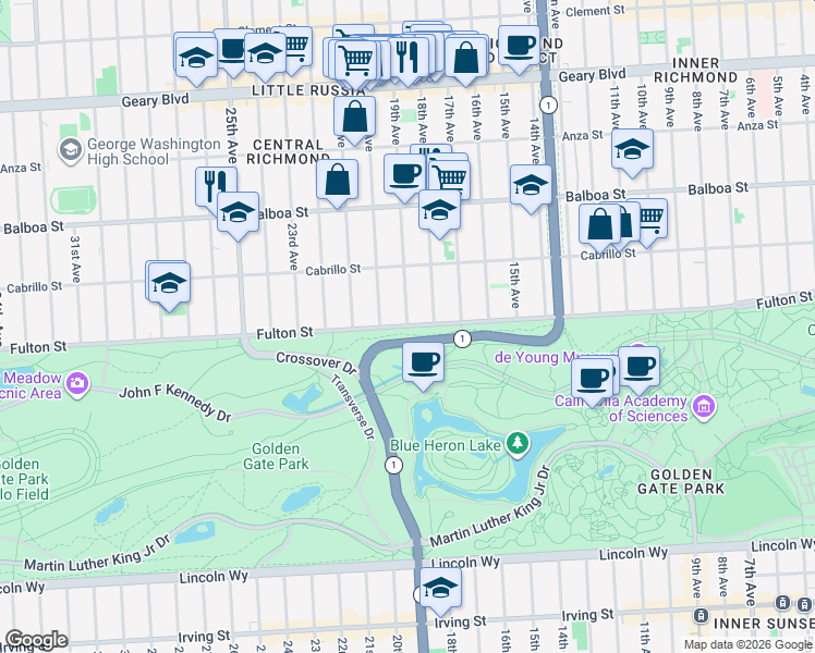 map of restaurants, bars, coffee shops, grocery stores, and more near 19th Ave & Fulton St in San Francisco