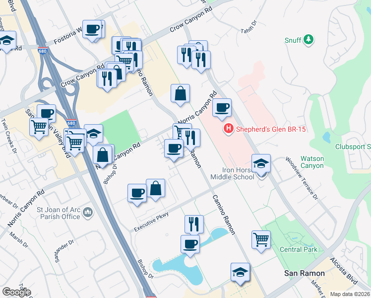 map of restaurants, bars, coffee shops, grocery stores, and more near 5708 Melon Court in San Ramon