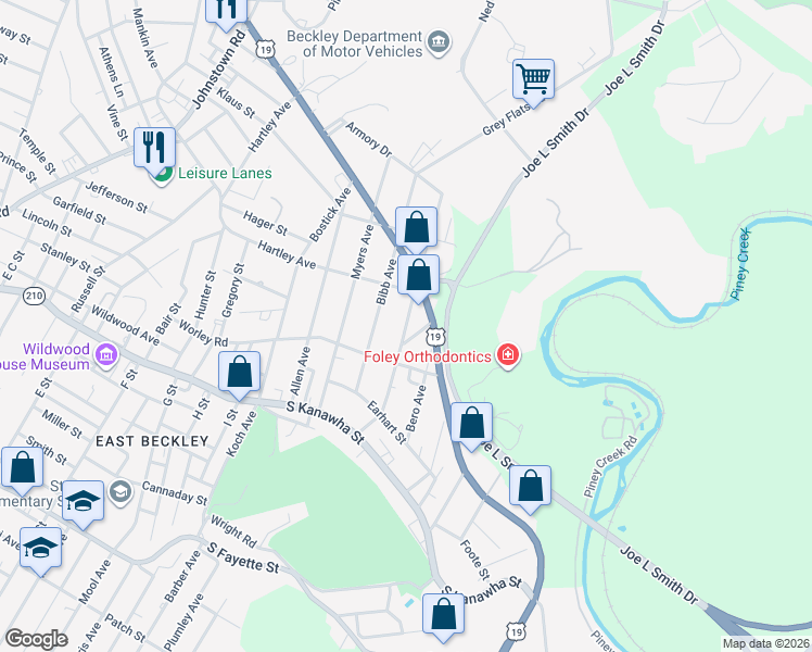 map of restaurants, bars, coffee shops, grocery stores, and more near 409 Larew Avenue in Beckley