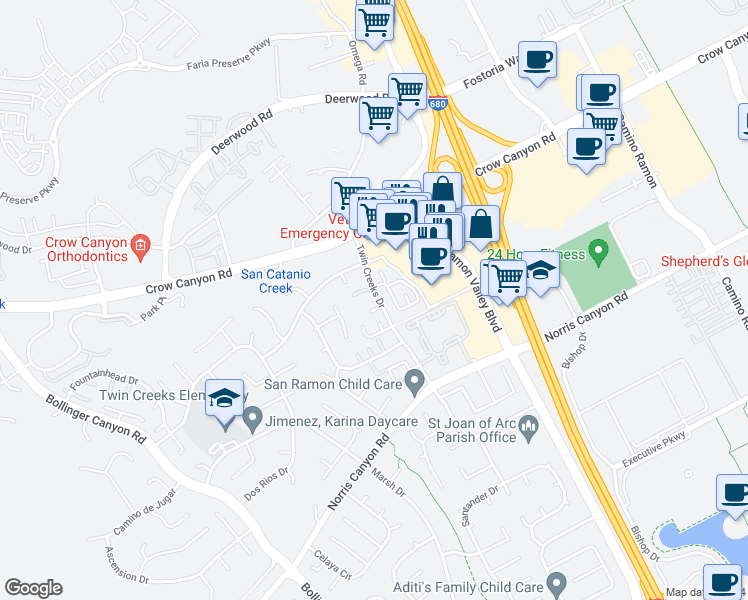 map of restaurants, bars, coffee shops, grocery stores, and more near 2523 Twin Creeks Dr in San Ramon