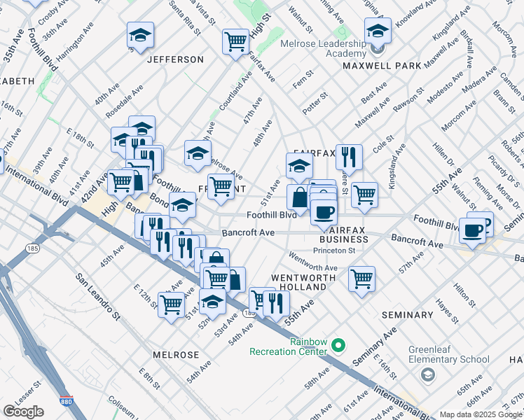map of restaurants, bars, coffee shops, grocery stores, and more near 1912 51st Avenue in Oakland