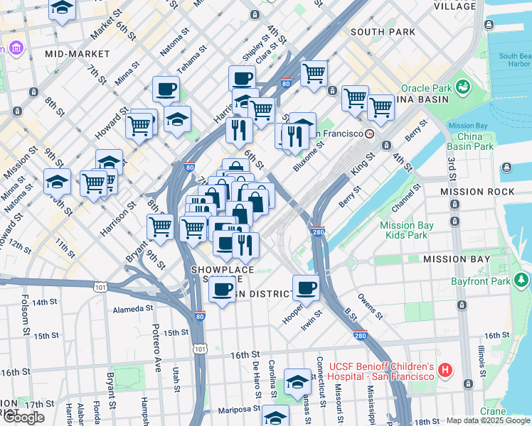 map of restaurants, bars, coffee shops, grocery stores, and more near 550 Townsend Street in San Francisco