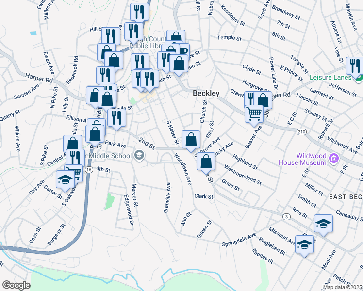 map of restaurants, bars, coffee shops, grocery stores, and more near 301 South Heber Street in Beckley