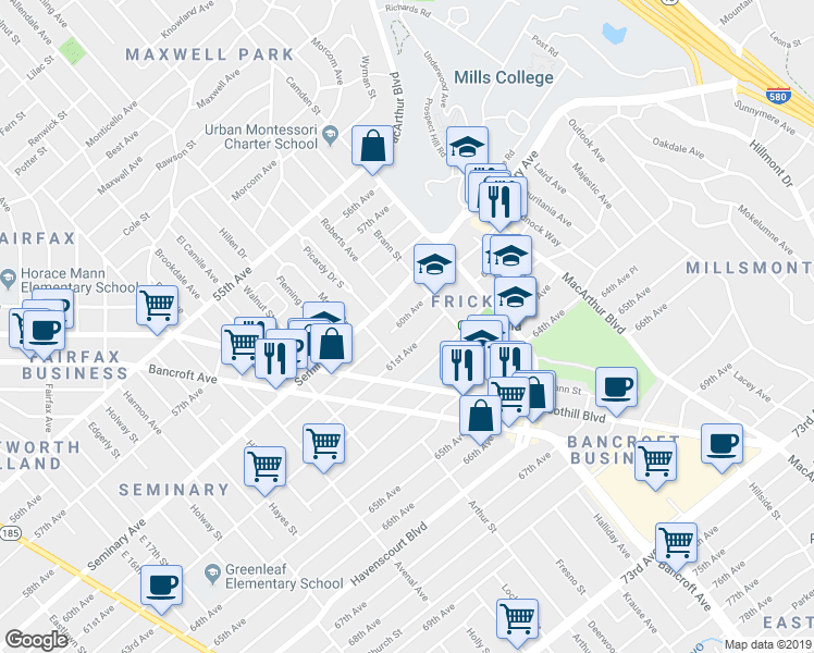 map of restaurants, bars, coffee shops, grocery stores, and more near 2852 60th Avenue in Oakland