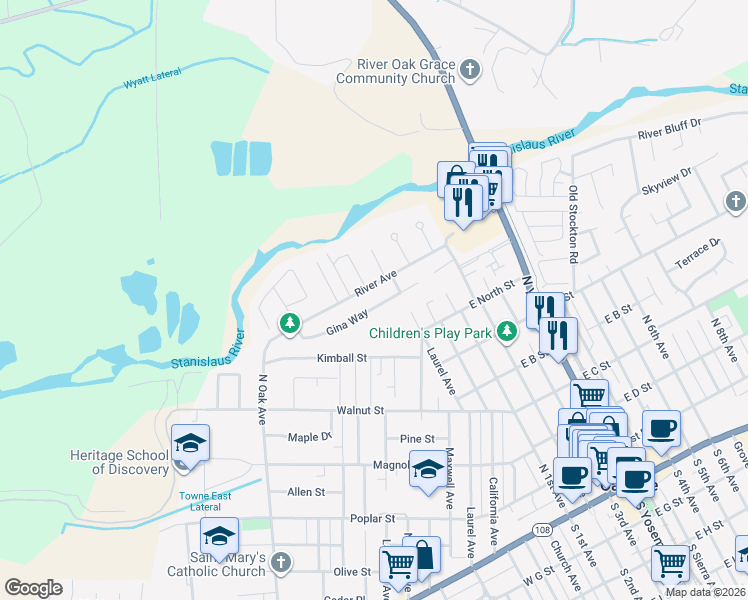 map of restaurants, bars, coffee shops, grocery stores, and more near 1066 Gina Way in Oakdale