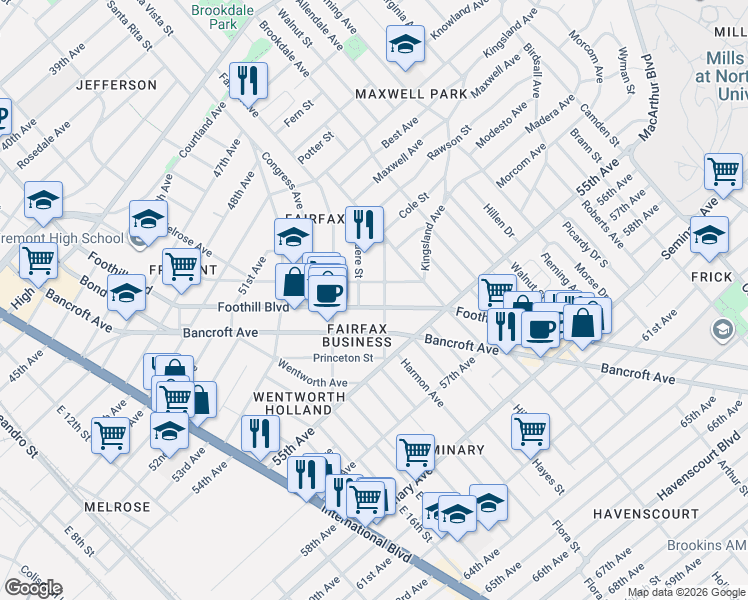 map of restaurants, bars, coffee shops, grocery stores, and more near 5380 Foothill Boulevard in Oakland